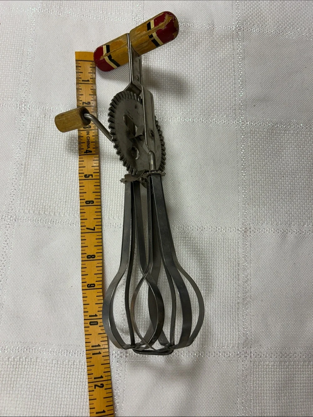 Vintage EKCO A&J high speed hand crank Egg Beater - Red and Wood Handle
